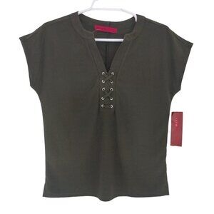 Love Scarlett Olive Green Lace-Up V-Neck Short Sleeve Women's Shirt Size L